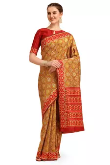 Yellow printed banarasi saree with blouse