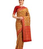 Yellow printed banarasi saree with blouse