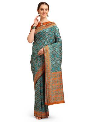 Sky blue printed banarasi saree with blouse 1