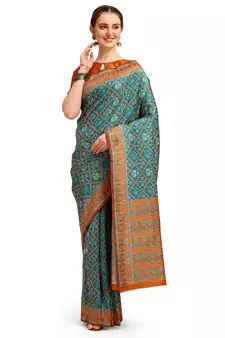 Sky blue printed banarasi saree with blouse