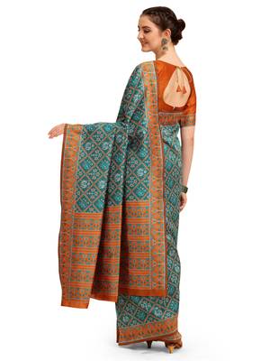 Sky blue printed banarasi saree with blouse 2