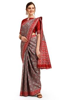 Grey printed banarasi saree with blouse