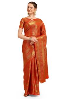 Red printed cotton saree with blouse