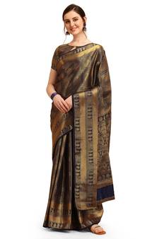 Blue printed cotton saree with blouse
