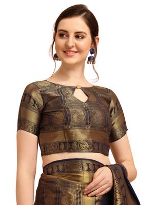 Blue printed cotton saree with blouse 5