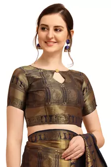 Blue printed cotton saree with blouse