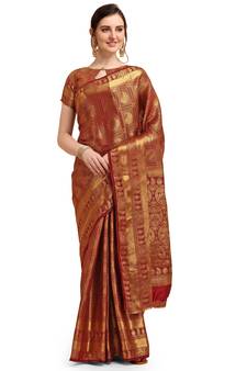 Maroon printed cotton saree with blouse