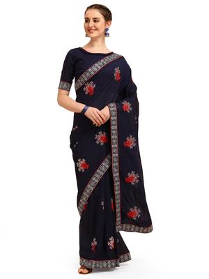 Blue printed silk saree with blouse 1