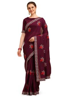 Purple printed silk saree with blouse
