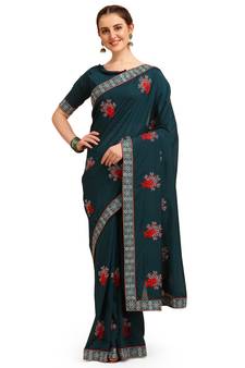 Blue printed silk saree with blouse