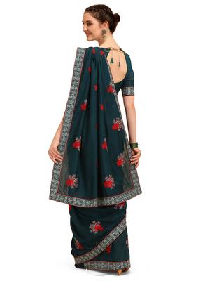 Blue printed silk saree with blouse 2
