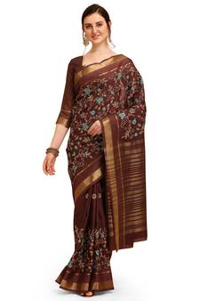 Brown printed cotton saree with blouse
