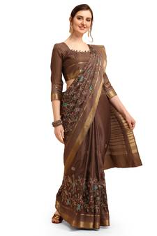 Purple printed cotton saree with blouse