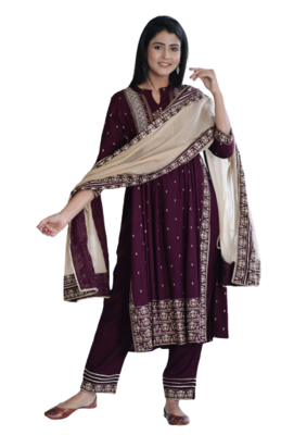 Wine Kurti Pant Duptta 1