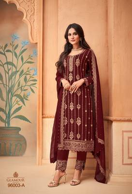 Rahi Fashion Maroon Faux Georgette Embroidered Straight pant Suit 1
