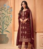 Rahi Fashion Maroon Faux Georgette Embroidered Straight pant Suit
