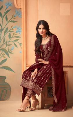 Rahi Fashion Maroon Faux Georgette Embroidered Straight pant Suit 2