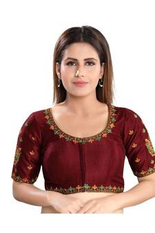 Maroon Silk with Embroidered Floral Design Readymade Saree Blouse