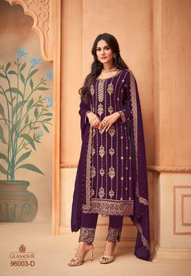Rahi Fashion Purple Faux Georgette Embroidered Straight pant Suit 1