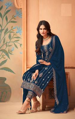 Rahi Fashion Blue Faux Georgette Embroidered Straight pant Suit 2