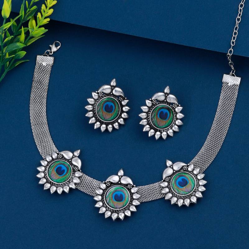 Traditional Choker Silver Oxidised Necklace Set Jewellery For