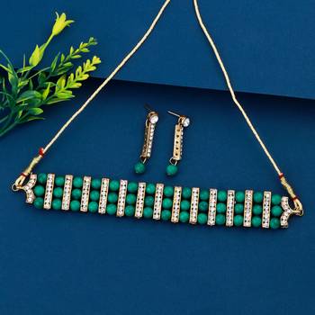 Gold Plated Traditional Adjustable Green Pearl  Choker Set Jewellery For Women Girls 1