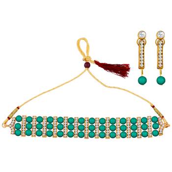 Gold Plated Traditional Adjustable Green Pearl  Choker Set Jewellery For Women Girls 2