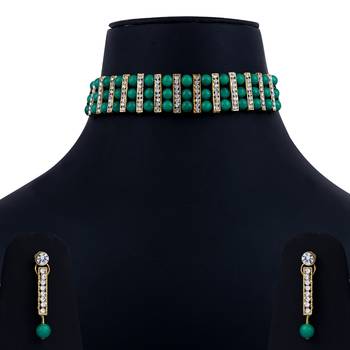 Gold Plated Traditional Adjustable Green Pearl  Choker Set Jewellery For Women Girls 4