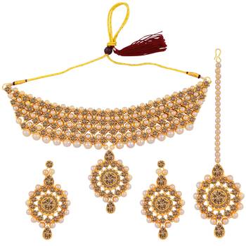Gold Plated Traditiona Golden  Color Diamond  Choker Set Wedding  Jewellery For Women Girls 2