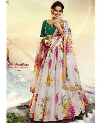 White And Green Floral Printed Lehenga Choli 1