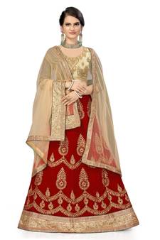 Red embroidered velvet semi stitched lehenga