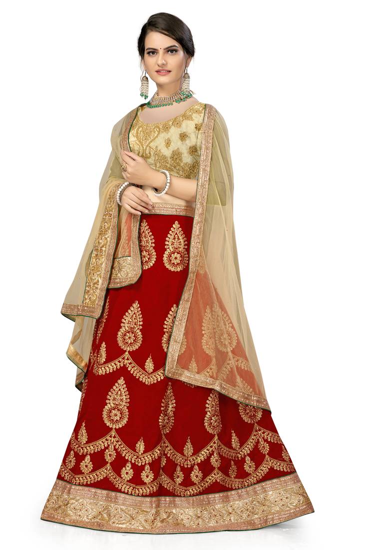Red embroidered velvet semi stitched lehenga