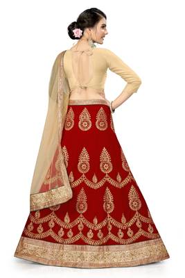 Red embroidered velvet semi stitched lehenga 3