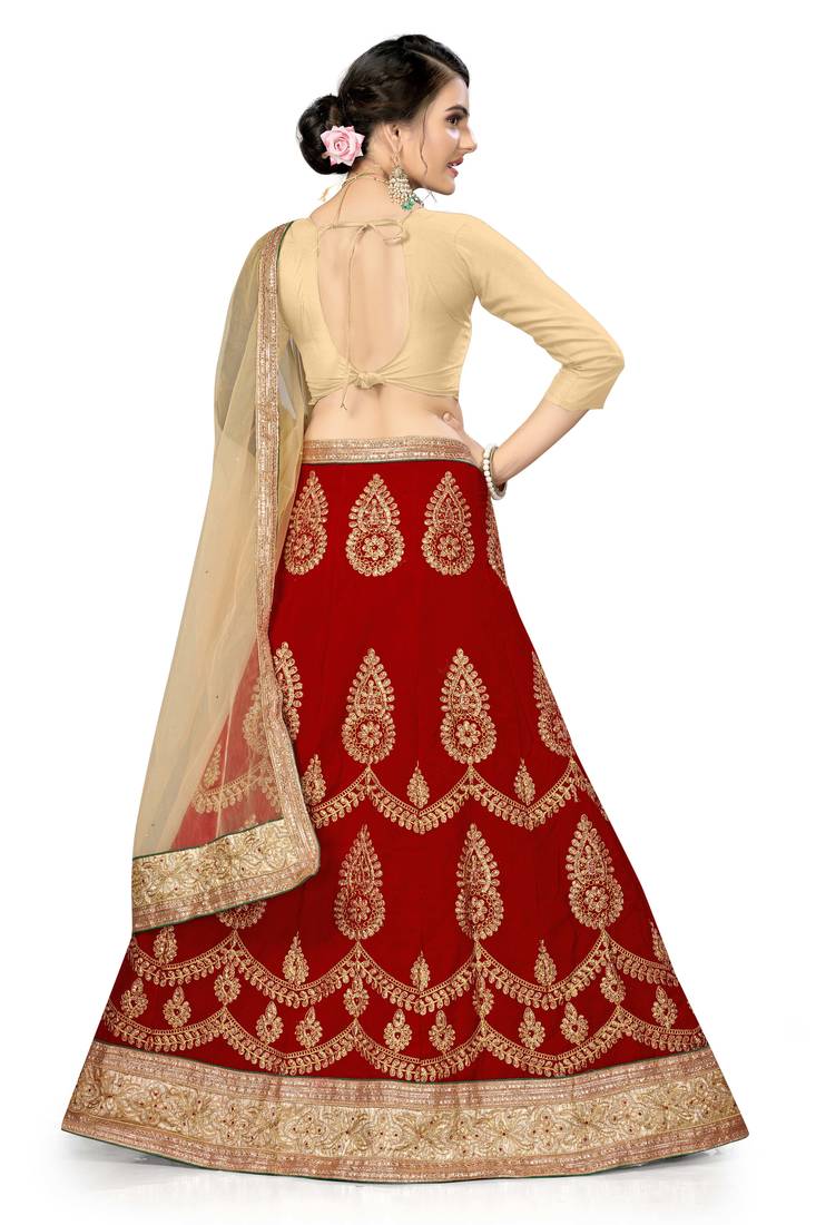 Red embroidered velvet semi stitched lehenga