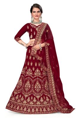 Maroon embroidered velvet semi stitched lehenga 1