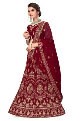 Maroon embroidered velvet semi stitched lehenga 2