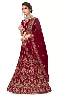 Maroon embroidered velvet semi stitched lehenga