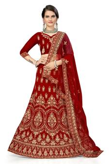 Red embroidered velvet semi stitched lehenga