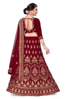 Maroon embroidered velvet semi stitched lehenga 3