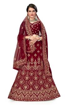 Maroon embroidered velvet semi stitched lehenga