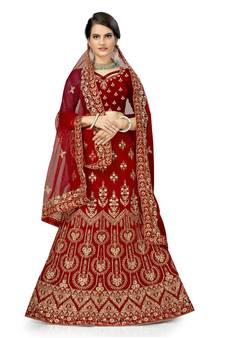 Red embroidered velvet semi stitched lehenga