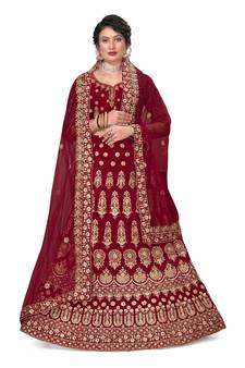 Maroon embroidered velvet semi stitched lehenga