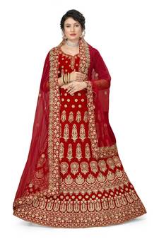 Red embroidered velvet semi stitched lehenga