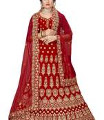 Red embroidered velvet semi stitched lehenga