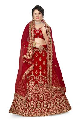Red embroidered velvet semi stitched lehenga 1