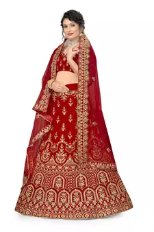 Red embroidered velvet semi stitched lehenga