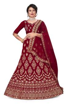 Maroon embroidered velvet semi stitched lehenga