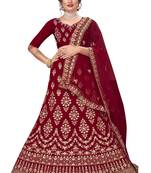 Maroon embroidered velvet semi stitched lehenga