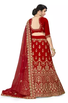 Red embroidered velvet semi stitched lehenga