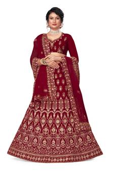 Maroon embroidered velvet semi stitched lehenga